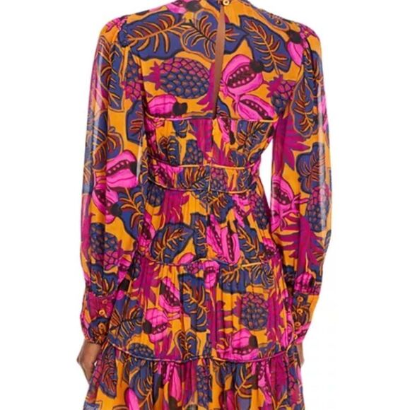 FARM RIO Pink Yellow Fruit Dream Long Sleeve Ruffle Pleated Mini Small $265 - Picture 13 of 14